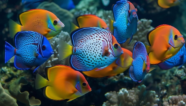 Colorido banco submarino de peces en arrecife caribeño generado por IA