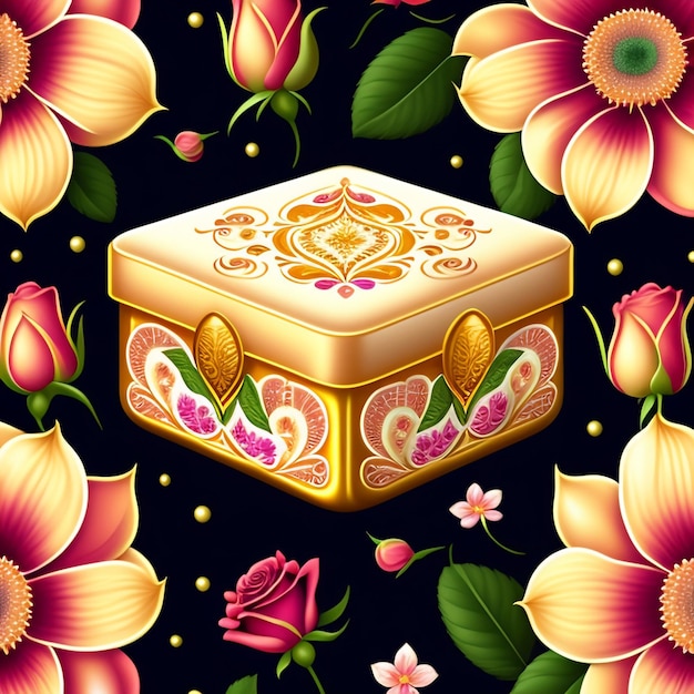 Un colorido diseño floral con una caja dorada.