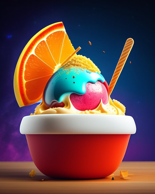 Foto gratuita un colorido helado con ingredientes azules, rojos y naranjas está sobre una mesa.