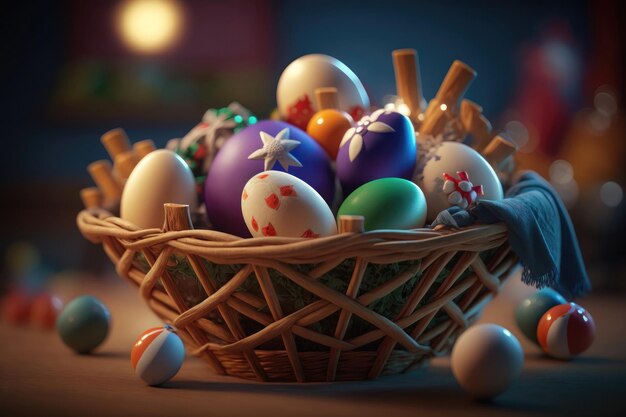 Coloridos huevos de Pascua feliz en cesta