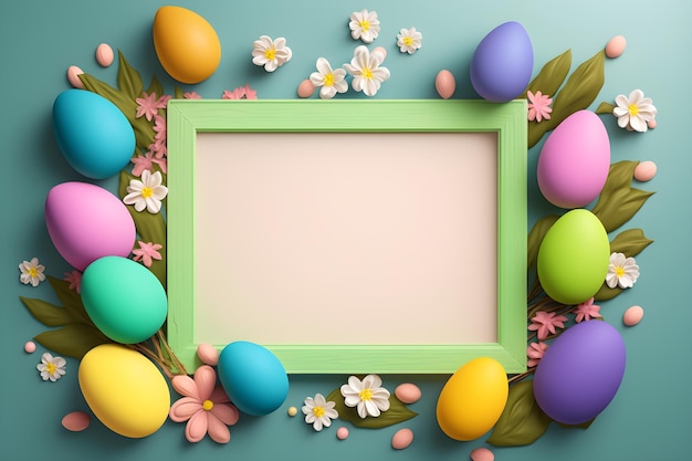 Foto gratuita coloridos huevos de pascua con flores y un marco con un borde verde