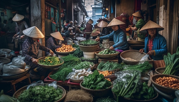 Coloridos vendedores vietnamitas venden productos frescos en el mercado generado por IA