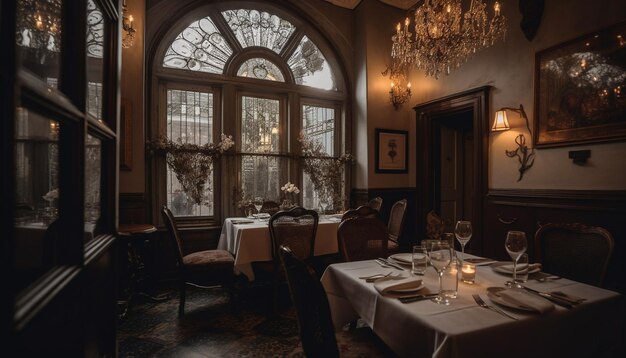 Comedor de lujo con decoración elegante e iluminación generada por IA