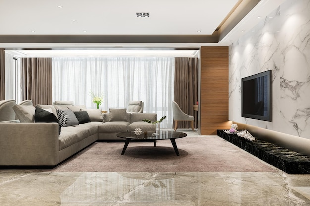 Comedor moderno 3d y sala de estar con decoración de lujo.
