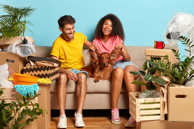 Comenzando una nueva vida en apartamento recién comprado. Feliz mujer y hombre diversos se divierten con el perro, juegan con sus orejas, posan en el sofá, tienen que poner todo en orden, disfrutan del primer día en casa nueva