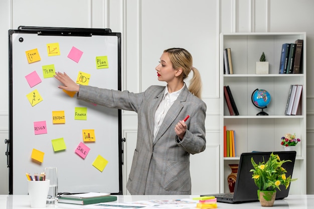 Comercialización de una joven empresaria muy linda con traje gris en la oficina explicando una nueva idea al equipo