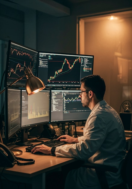 Comerciante enfocado que analiza los datos del mercado de valores