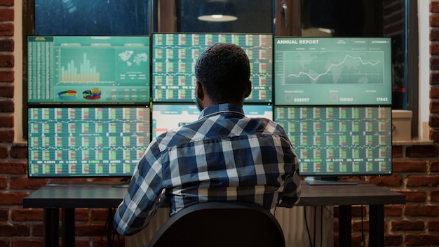 Comerciante de Forex analizando gráficos de mercado para planificar el intercambio de productos básicos en una estación de trabajo con múltiples monitores. Inversión financiera con estadísticas de ganancias bancarias y cambio de acciones en tiempo real.