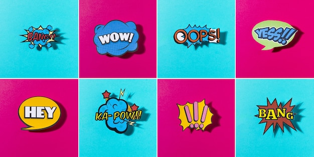 Foto gratuita comic iconos de sonido de colores establecidos para web sobre fondo azul y rosa