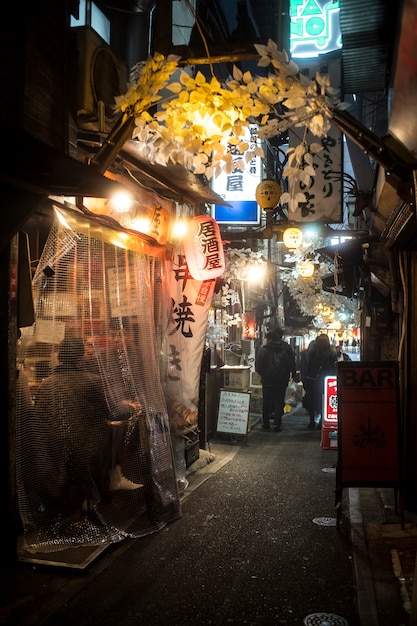 Comida callejera japonesa con luces