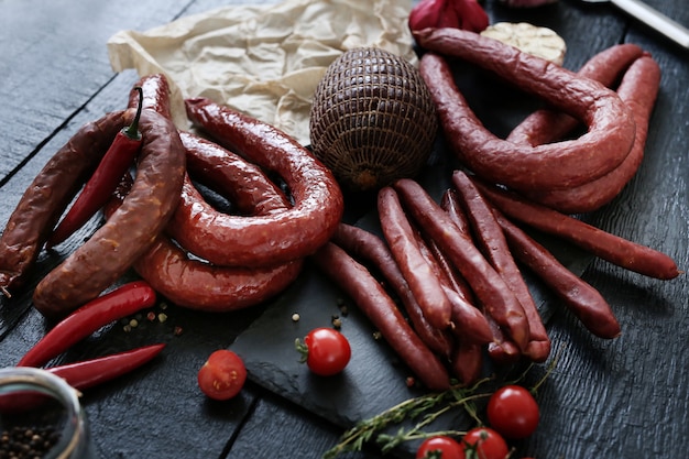 Foto gratuita comida, carne. deliciosa salchicha sobre la mesa