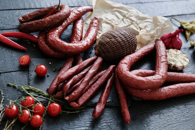 Comida, carne. deliciosa salchicha sobre la mesa