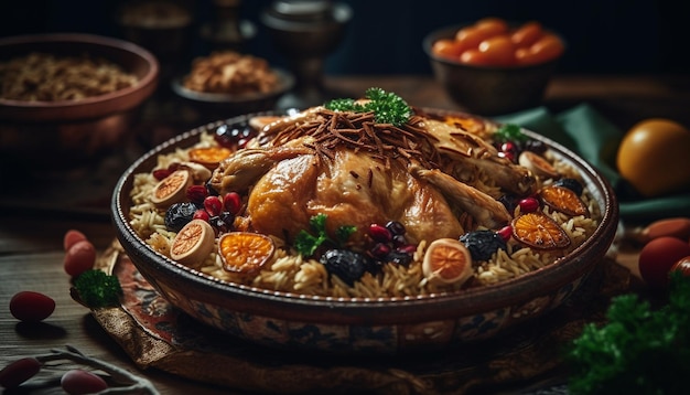 Foto gratuita comida casera, pollo cocinado, celebración de verduras frescas generada por ia.