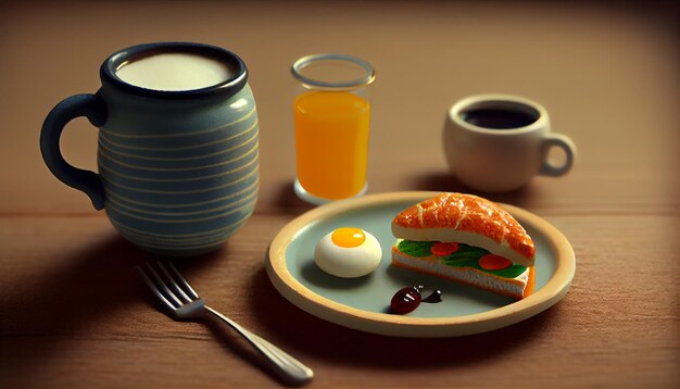 Comida fresca en plato de madera taza de café cerrar IA generativa