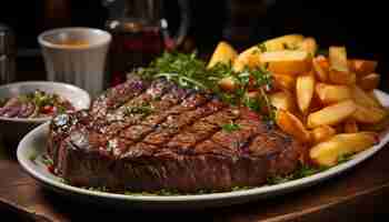 Foto gratuita comida gourmet de filete de carne a la parrilla cocinada a la perfección generada por la inteligencia artificial