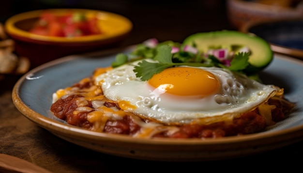 Comida gourmet fresca en un plato de madera generado por IA