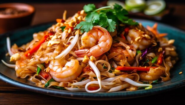 Comida gourmet de mariscos en un plato con gambas generada por IA