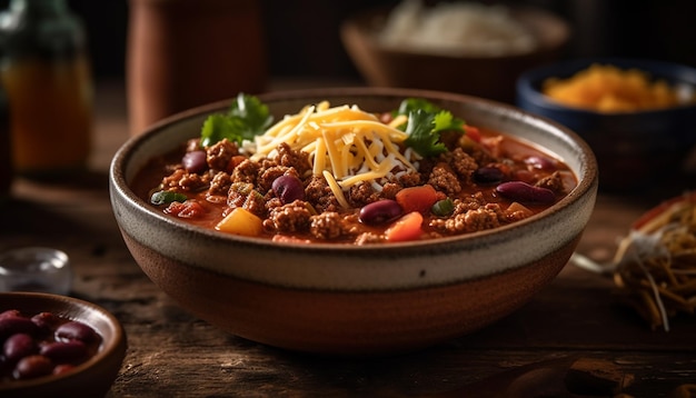 Comida gourmet en mesa de madera rústica alimentación saludable generada por IA