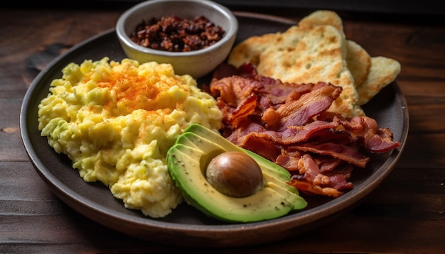 Comida gourmet en una mesa de madera rústica sin personas generadas por IA