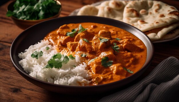 Comida gourmet saludable con carne de pollo al curry generada por IA