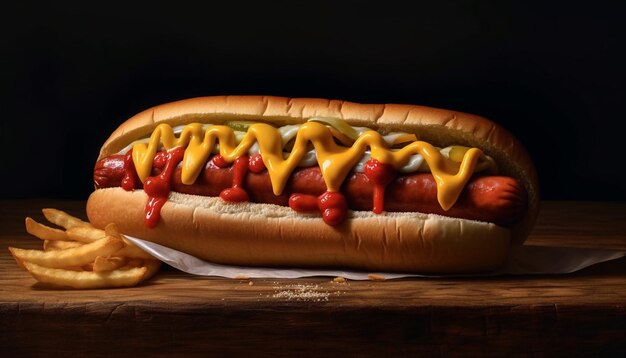 Comida de hot dog de ternera a la parrilla con ketchup alimentación poco saludable generada por inteligencia artificial