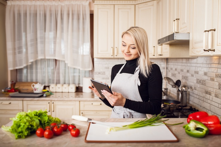 Foto gratuito comida joven mujer cocina hermosa