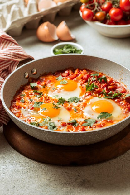 Comida judía de huevo de alto ángulo en sartén