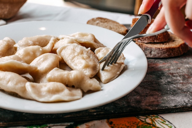 Una comida de masa de vista frontal con carne picada dentro de un plato oriental salado con pimienta junto con panes de pan cocina carne en el escritorio de madera marrón