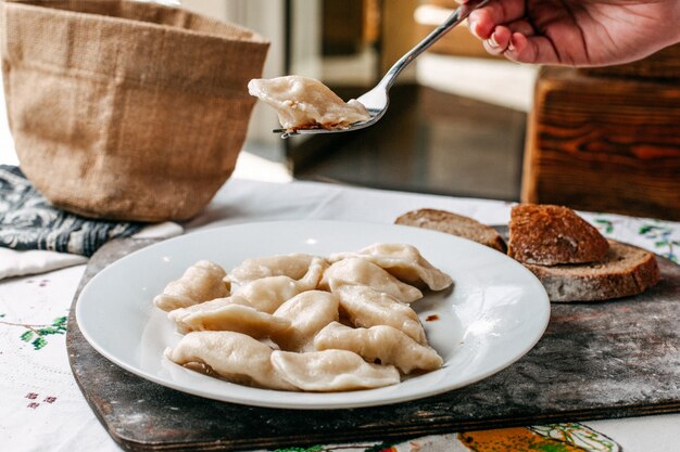 Una comida de masa de vista frontal con carne picada dentro de un plato oriental salado con pimienta junto con panes de pan cocina carne en el escritorio de madera marrón