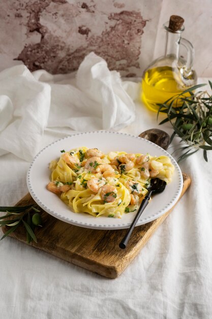 Comida de pasta rica en proteínas de cerca los detalles