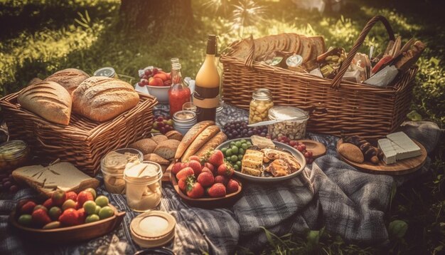 Comida de picnic fresca en una manta rústica al aire libre generada por IA