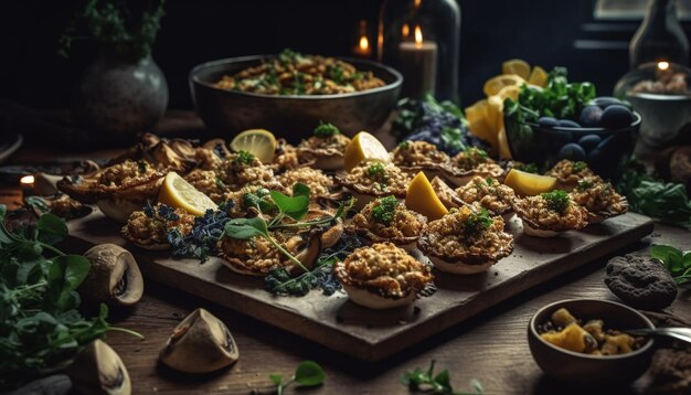 Comida rústica casera en una mesa de madera con verduras frescas generadas por IA