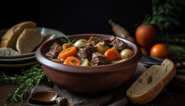 Foto gratuita comida rústica en mesa de madera con ingredientes frescos generados por ia