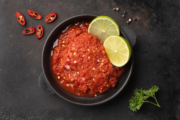 Comida sabrosa con arreglo de sambal