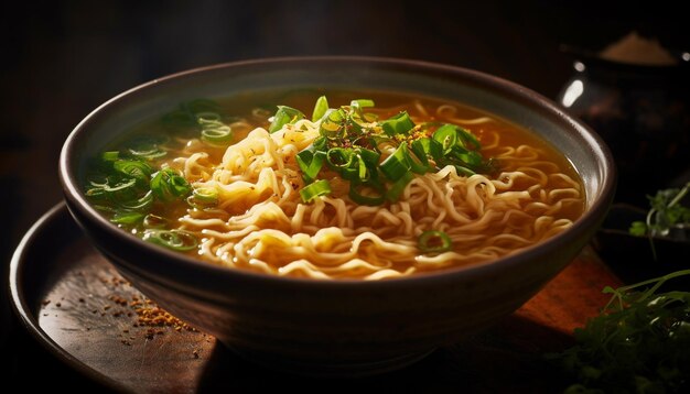 Comida saludable Sopa de ramen con verduras frescas generada por IA