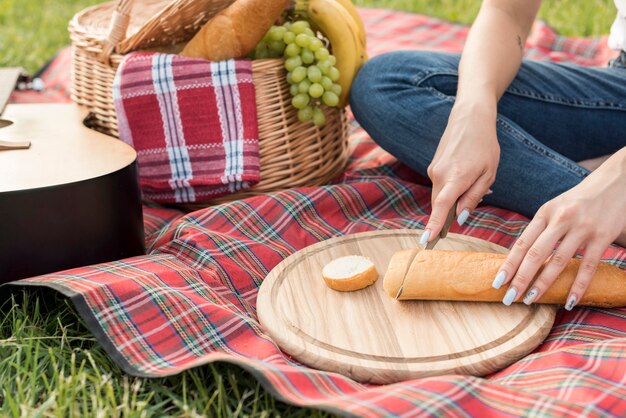 Comida sobre manta de picnic