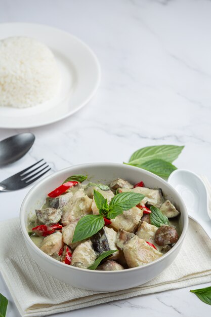 Comida tailandesa. cerdo al curry de coco verde con berenjenas