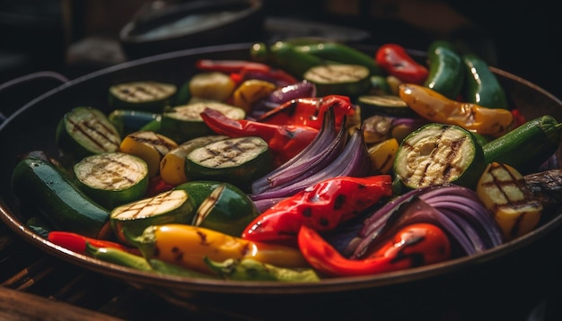 Comida vegetariana a la parrilla con berenjena y pimiento generada por IA