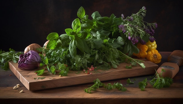 Foto gratuita comida vegetariana saludable en una mesa rústica de madera generada por ia