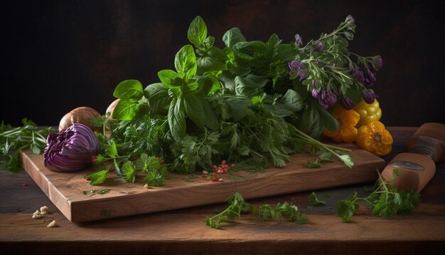 Comida vegetariana saludable en una mesa rústica de madera generada por IA