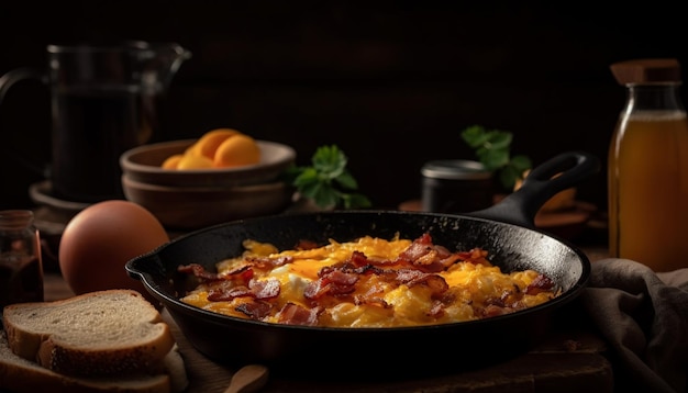 Comida vegetariana saludable en una mesa rústica de madera generada por IA