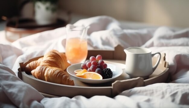 Cómoda cama, croissant recién hecho, café y fruta generados por IA.