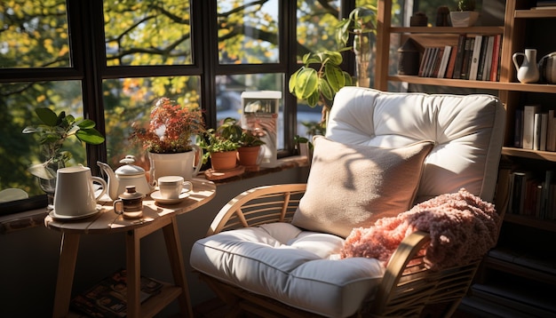 Foto gratuita cómoda sala de estar moderna con muebles rústicos de madera y plantas verdes generadas por inteligencia artificial