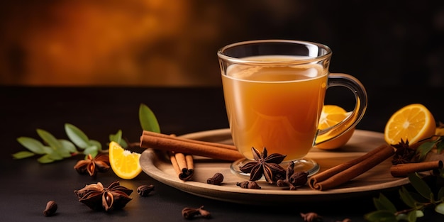 Foto gratuita una cómoda taza de té de canela con palitos de canela y polvo al lado