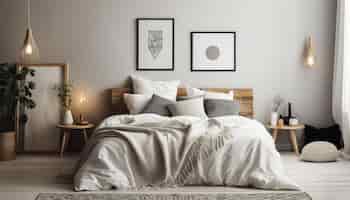 Foto gratuita cómodo dormitorio moderno con elegante cabecero de madera generado por ia