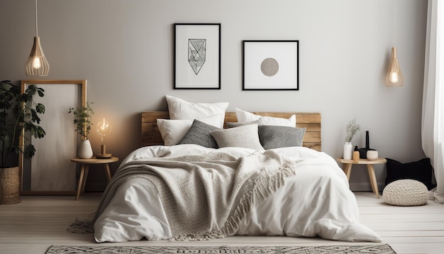 Cómodo dormitorio moderno con elegante cabecero de madera generado por IA