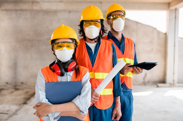 Compañeros con equipo de seguridad que trabajan con planos