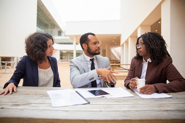 Compañeros de negocios discutiendo informes de proyectos