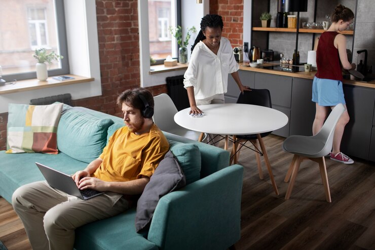Foto gratuito compañeros de piso completos pasando tiempo en casa