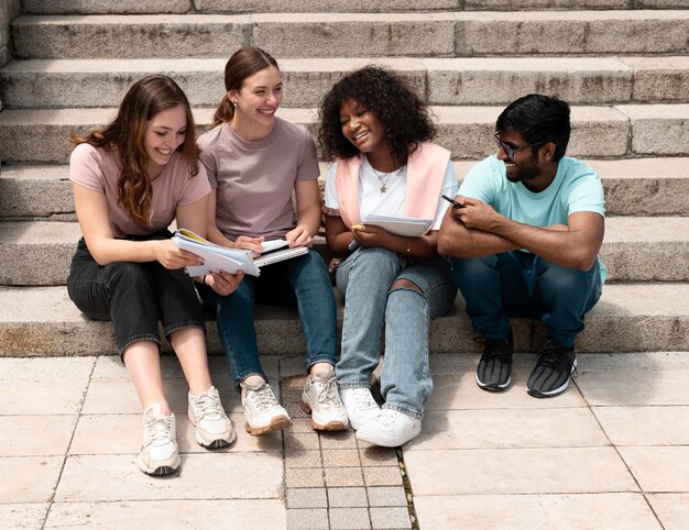 Compañeros que estudian juntos frente a su universidad antes de un examen